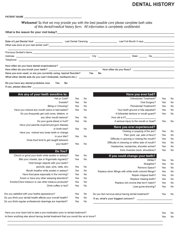 Dental history intake form, printed to the practice's own layout