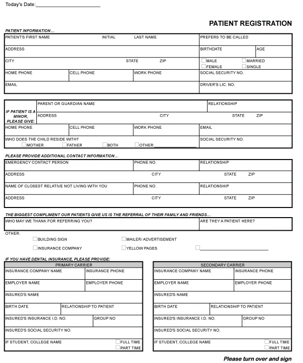 Patient registration form, two-sided