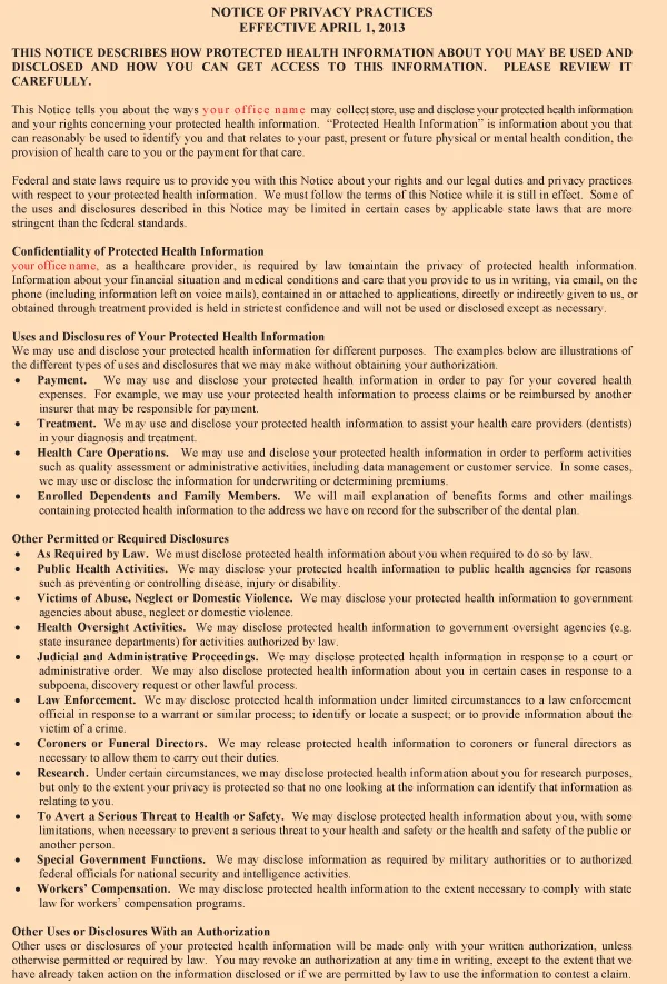 HIPAA privacy-practices notice, a standing reprint item